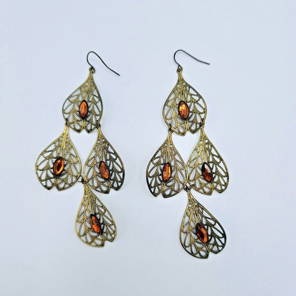 Filigree Leaf Earrings Vintage Long Chandelier Brown Marquise Gem Dangle Drop - Picture 4 of 8